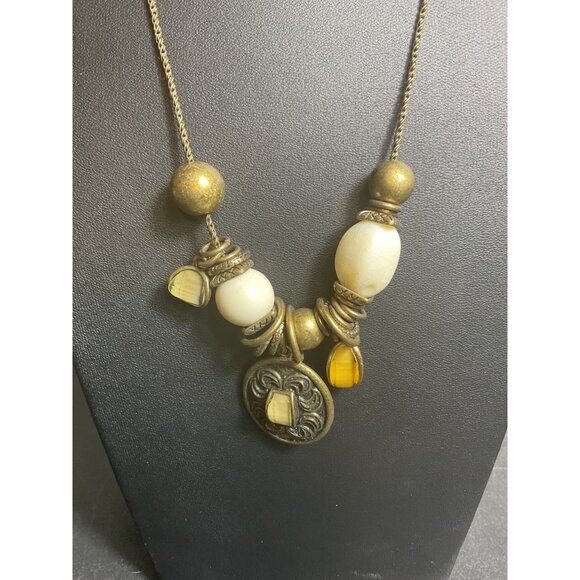 Vintage Boho Necklace With Large Beads & Charms Gold Tone Adjustable Chain - Picture 3 of 5